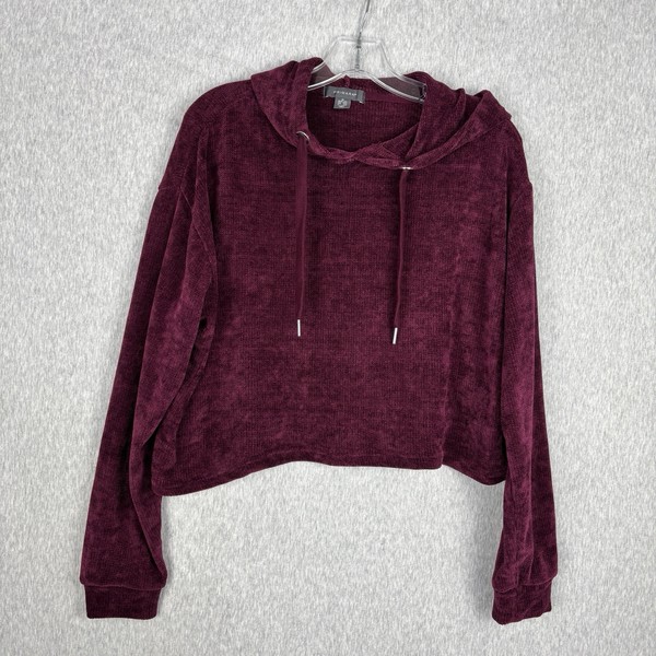 Primark Womens M Velour Knit Cropped Slouchy Hoodie Pullover Plum Comfy Cozy