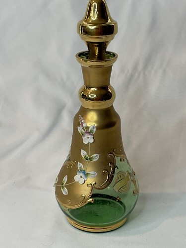 Vintage JFS Genuine Bohemia Green Glass & Gold Hand painted Decanter & Stopper - Picture 8 of 24