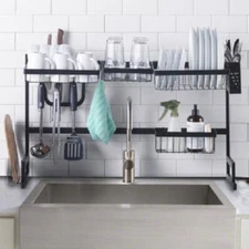 Over the Sink Adjustable Dish Rack Drainer W/ Utensils Hooks Cutlery Holder