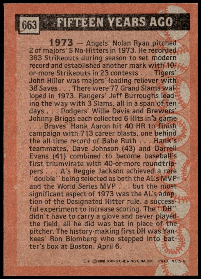 1988 Topps #663 Ron Blomberg - Image 2 of 2