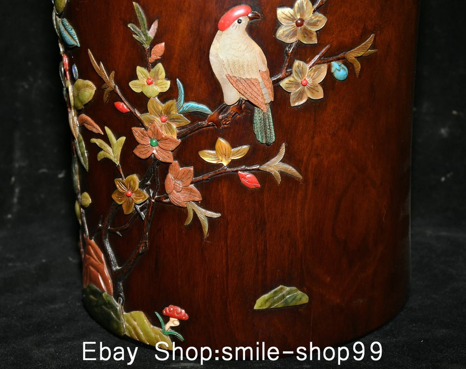 9" Antique China Redwood Inlay Shell Dynasty Flower Birds Brush Pot