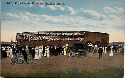 Tijuana Mexico Bullfight Ring People Crowd Bicycle Old Car Antique Postcard