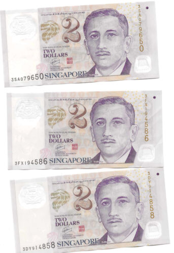 Singapure / Singapore 3 x 2 Dollar Unc. P New Polymer kassenfrisch
