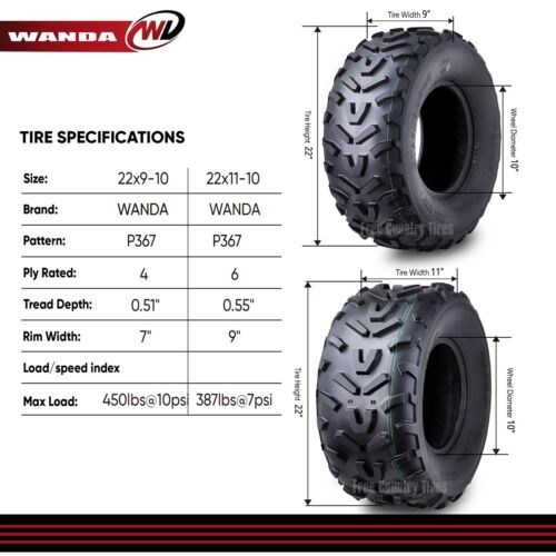 Set 4 WANDA ATV Tires 22x9-10 Front & 22x11-10 Rear 22x9x10 22x11x10 - Picture 5 of 7
