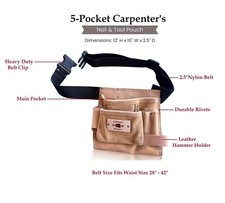 Carpenter's Tool Belt Framer's Tool Belt Bolso 5 Pocket Heavy Duty Suede Leather
