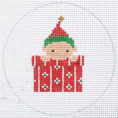 Elf with Present Christmas Ornament Hand Painted Needlepoint Canvas