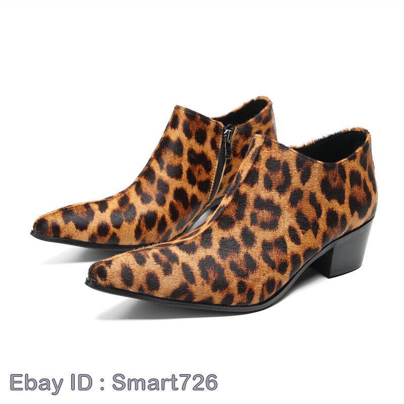 Leopard Men's Suede Real Leather Shoes High Top Cowby boots Ankle Boots
