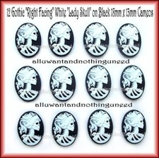 12 GOTH HALLOWEEN RIGHT FACING WHITE LADY SKULL on BLACK 18 x 13mm CAMEOS LOT