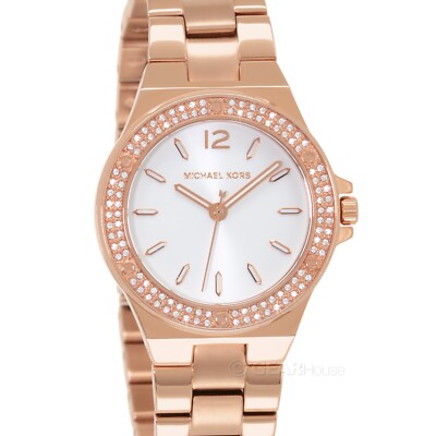 Michael Kors 33mm Lennox Womens Glitz Watch White Dial Pave Crystals Rose Gold