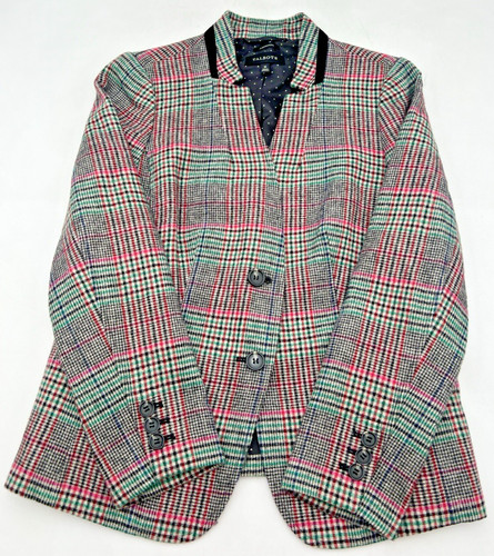 TALBOTS ABERDEEN WOOL BLEND BLAZER PINK & GREEN PLAID W/ VELVET TRIM WOMENS 10