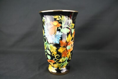 Vintage (1950er) H Bequet Quaregnon schwarz, gold & floral Vase, belgisch, top