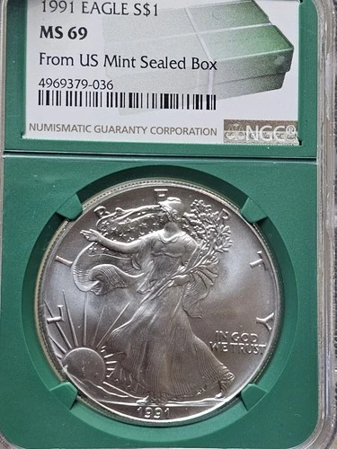 1991 $1 AMERICAN SILVER EAGLE NGC MS69 FROM US MINT SEALED BOX LABEL GREEN CORE