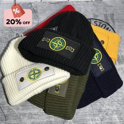 STONE ISLAND Warm Thick Stone Cap Cuffed Knit Stretch Beanie Hat winter for Men Women