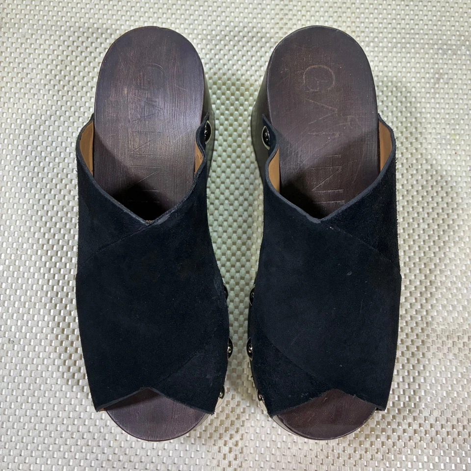 Ganni Black Suede Studded Wood Platform Clogs Mules Women's 41 (US 11) - Image 2 of 4