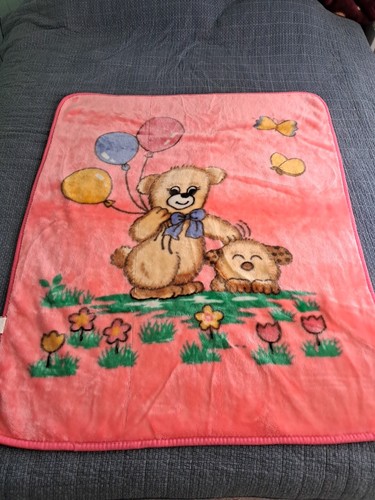 Vintage Mink Plush Pink Baby Blanket Teddy Bear Balloons Puppy Korea 46x37