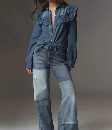 NWT Anthropologie Womens XL Pilcro Ruffled Denim Blue Chambray Buttondown Shirt
