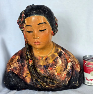 Huge 12" Signed Esther Hunt Plaster Chalkware Bust Polychrome Asian? Woman