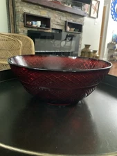 Vintage Large Ruby Red Luminarc Geometric Cut Glass Serving Bowl