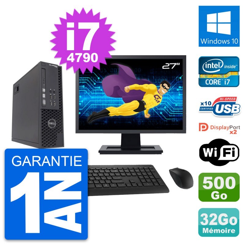 PC Dell T1700 SFF Ecran 27" Intel i7-4790 RAM 32Go Disque 500Go Windows 10 Wifi