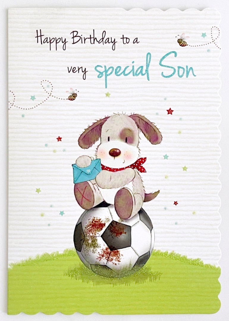 Happy Birthday To A Very Special Son Card - Cute Dog Sitting On Football - Bees