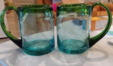 Hand Blown Art Glass Mug Pair Green Aqua Heav...