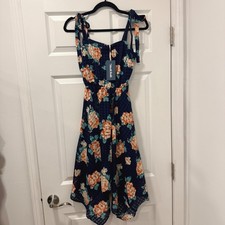 ModCloth XXS Navy Floral Checkered Tie Shoulder Handkerchief Hem Midi Dress NEW