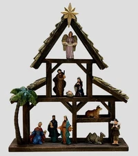 Nativity Set & Multilevel Manger Hand Painted Resin 11 Pieces - New