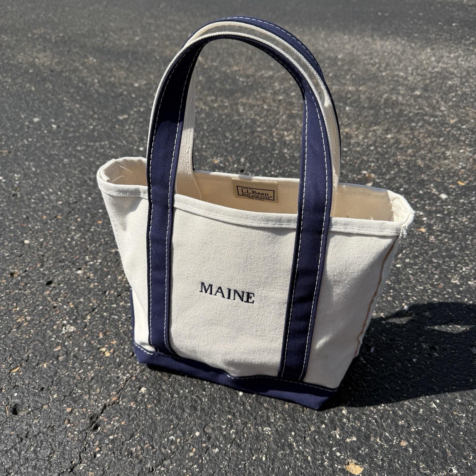 Vintage LL Bean Boat and Tote 90s Navy White Canvas Long Handles Small USA Made