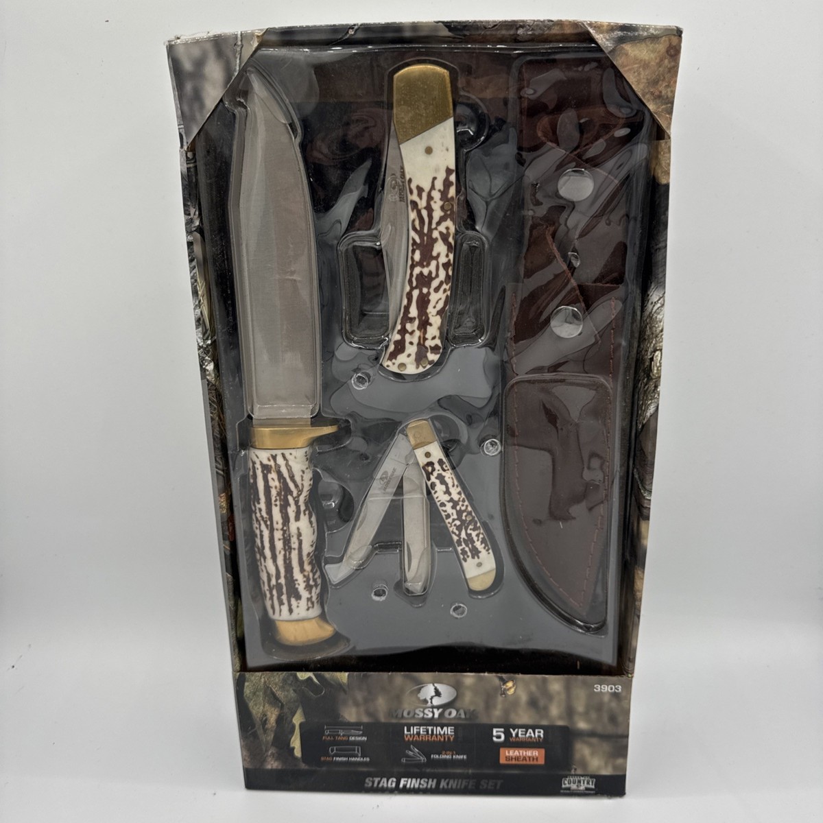 Mossy Oak 3-Piece Stag Finish Knife Set Stainless Steel Full Tang