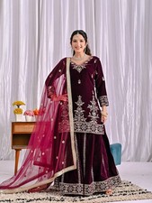 Exclusive Heavy Viscous Velvet Wine Top Palazzo With Dupatta For Festival Wear