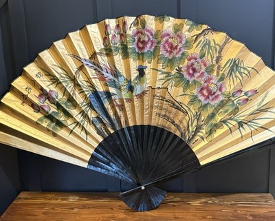 VTG Asian Oversize Wall Fan Hand Painted Chinese Wall Artwork 52  X 35 
