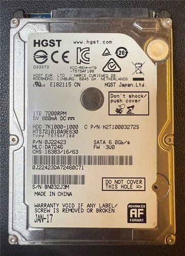 HGST, 1TB, 7K1000-1000, HTS721010A9E630, S/N: BN032J3M, SATA HDD