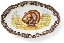 Spode Woodland Turkey Pickle Dish – 1.25" H x 8.5" L x 5.5" W, Brown/White 