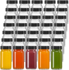 35 Pack 2 oz Glass Shot Bottles w/ Black Lids  35 Labels - Small Clear Jar for