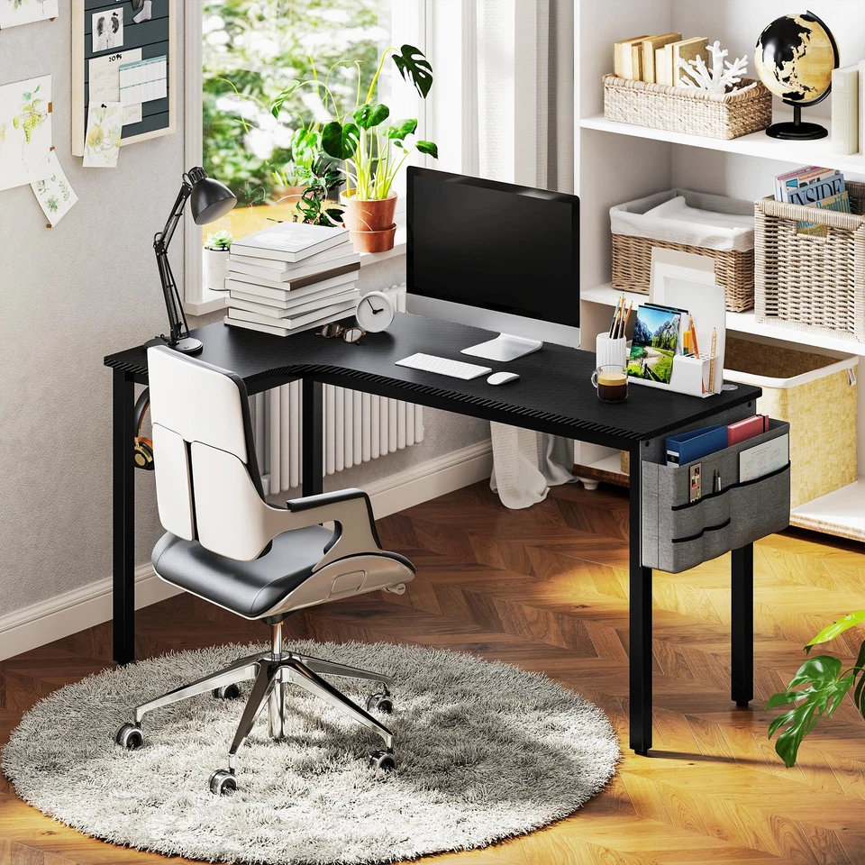 L-Shaped Corner Desk with Fabric Bag and Hooks, 145 x 81 x 76 cm, Refurbished