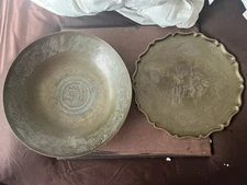 OLDER LARGE CHINESE COPPER BRASS METAL BOWL 14 1/2" AND TRAY 14" DRAGON MOTIF