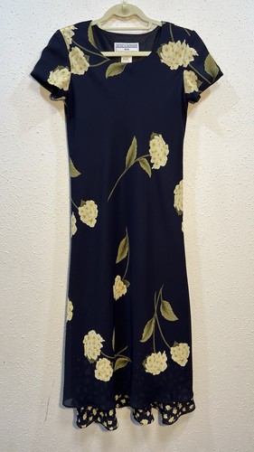 VTG 90s Jessica Howard Women's Maxi Dress Size 8P Navy Floral Overlay Fairy - Picture 2 of 13