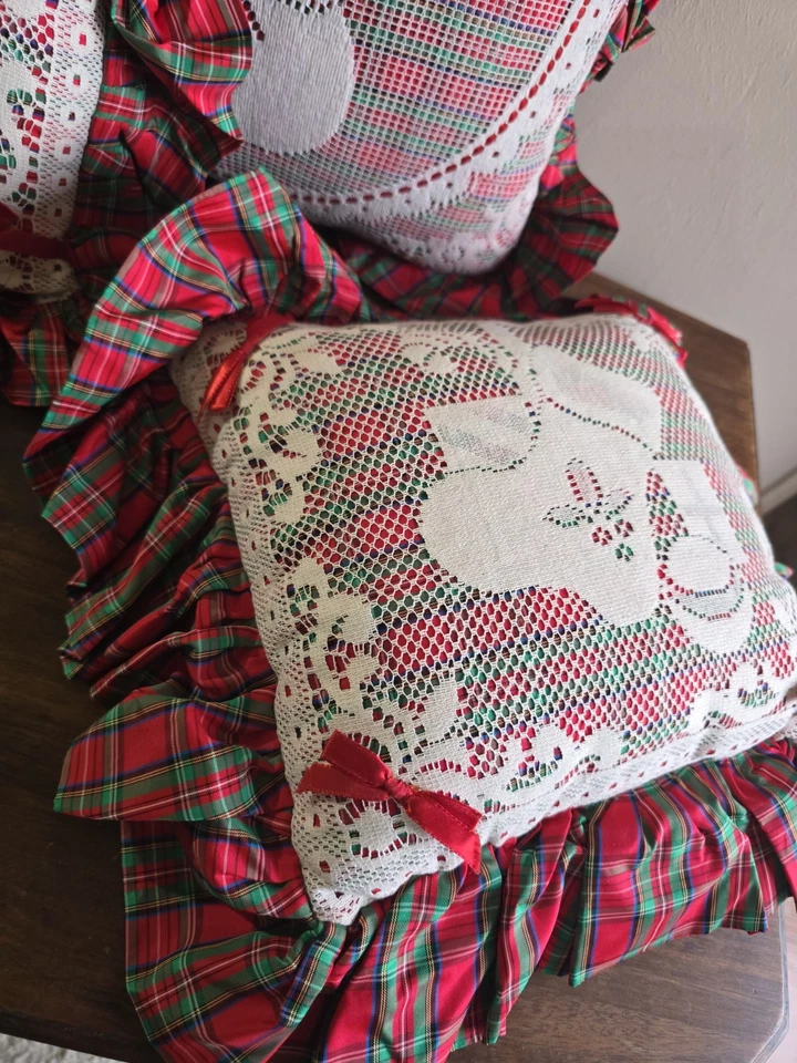 Set Of 3 Hand Crafted Red Multicolor Plaid Ruffled Lace Christmas Throw Pillows - Image 3 of 4