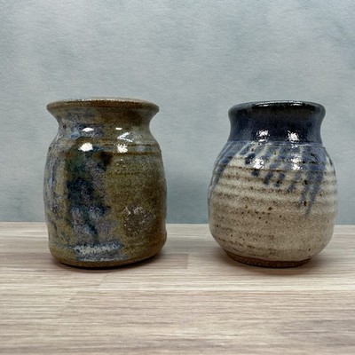 Set Of 2 Vintage Mid-century Handmade Studio Pottery Vases Mini One Is Signed