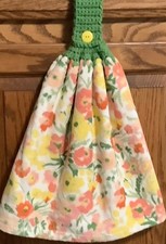 Double hanging kitchen towel flowers garden crocheted green top