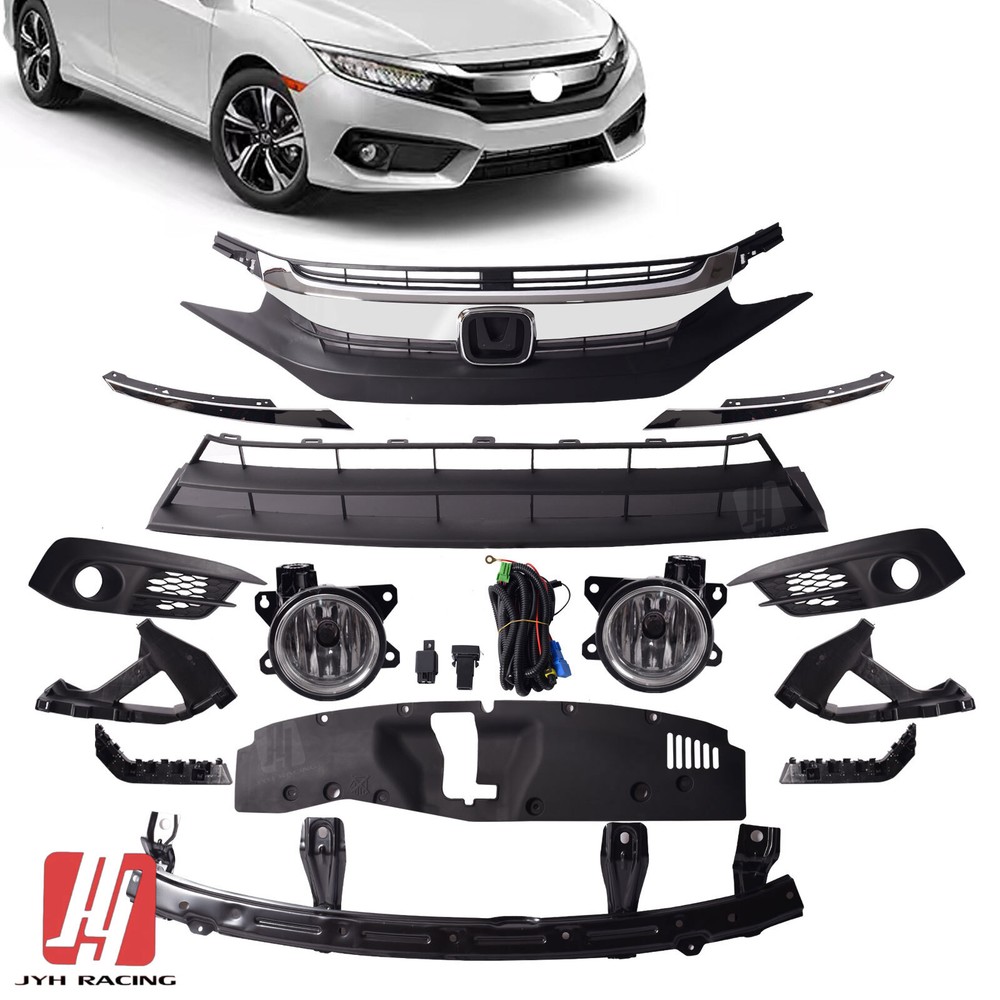 Fits 2016-2018 Honda Civic Sedan Front Grille/Bracket/Radiator Cover/Foglights
