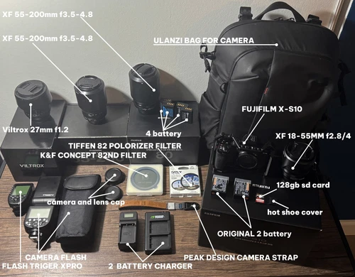 FUJIFILM X-S10 WITH LENS, BATTERY, FILTER, BAG, CHARGER, FLASH, FLASH TRIGGER