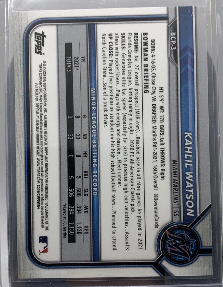 KAHLIL WATSON 2022 Bowman Sapphire 1ST BOWMAN PURPLE REFRACTOR /25 BCP-3 Marlins - Image 2 of 3