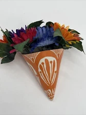 Creative Co-op Stoneware Wall Cone Vase, Wall Pocket, Orange & White Flower