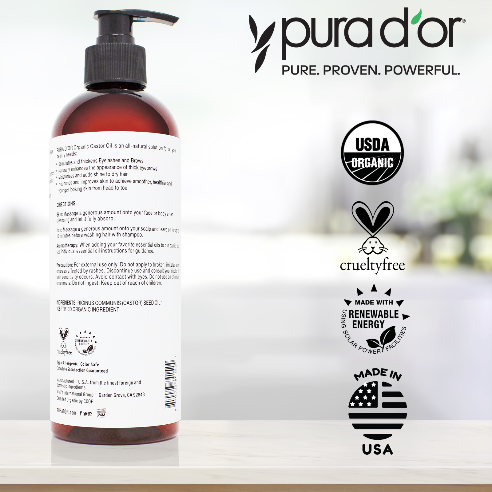 PURA D'OR Dor Castor Oil 100% Organic 16oz for Skin & Hair, Eyebrow & Eyelashes