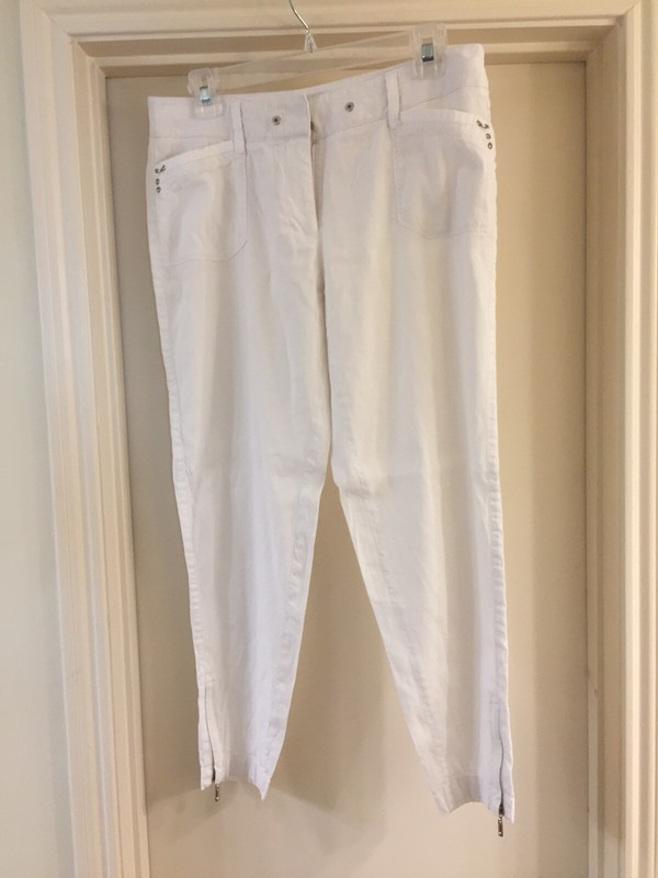 White House Black Market White Linen Blend Straight Zipper Leg Bling Pants 4 EUC