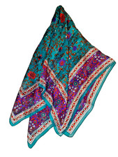 Berkshire Scarf Teal Floral 30" Square Wrap Made in Italy Rolled Hem Semi Sheer
