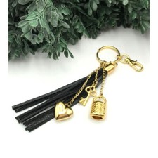 Key chain black faux leather gold tone charms key hearts