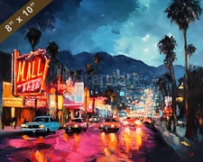 Hollywood with neon signs oil painting 8x10 Print