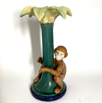 Vintage Majolica Palm Tree Monkey Chimp Ape Candle Holder Ceramic 13.25 Tropical